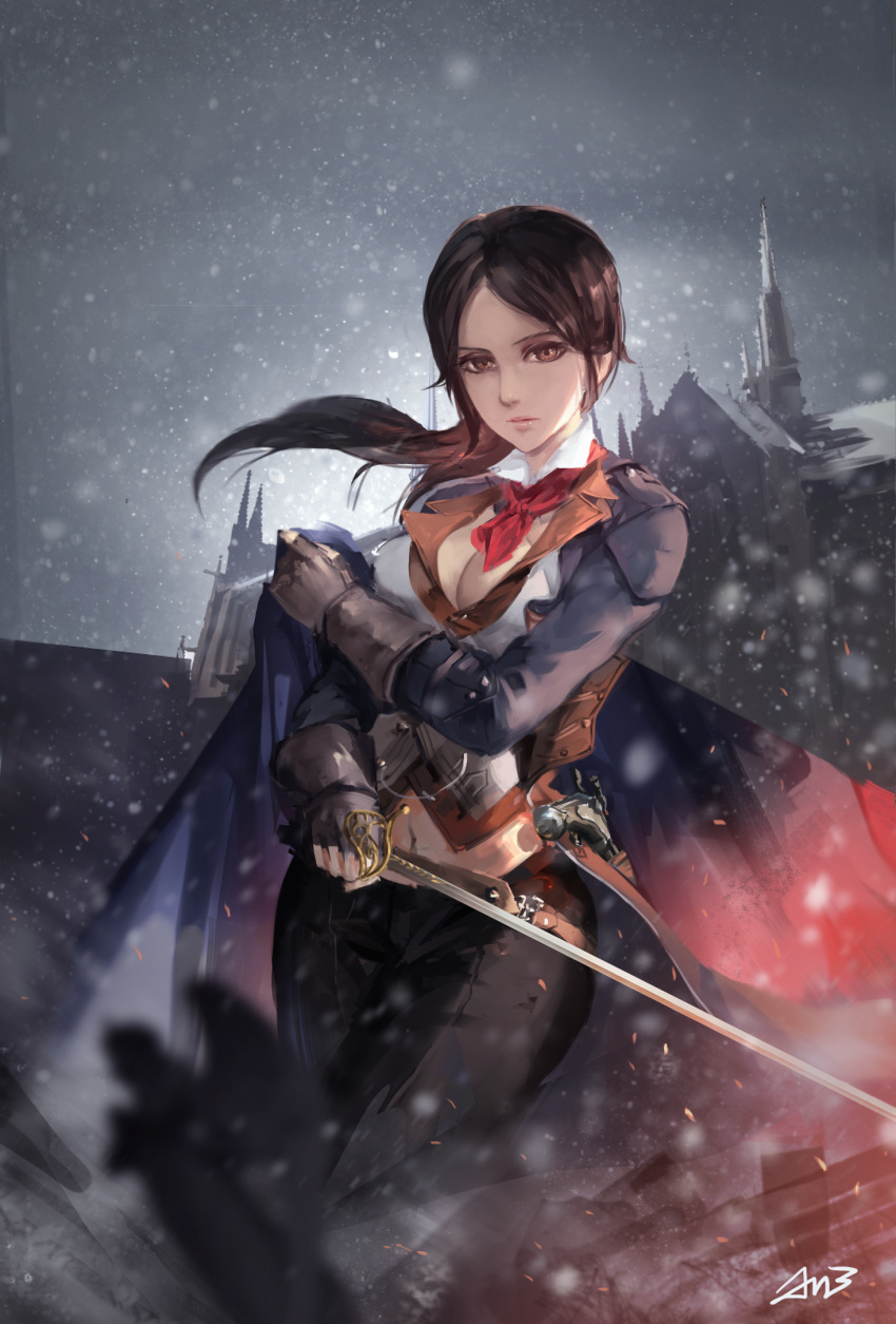 1girl arno_dorian assassin's_creed assassin's_creed:_unity blade breasts brown_eyes brown_hair cleavage coat genderswap gloves highres jn3 long_hair ponytail solo sword weapon