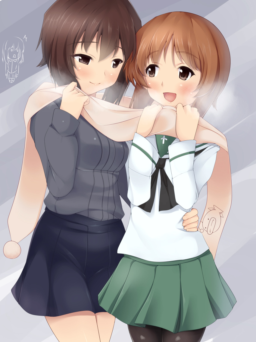 2girls :d black_legwear brown_eyes brown_hair condensation girls_und_panzer highres long_sleeves multiple_girls nishizumi_maho nishizumi_miho nksk open_mouth pantyhose scarf school_uniform siblings sisters skirt smile tagme