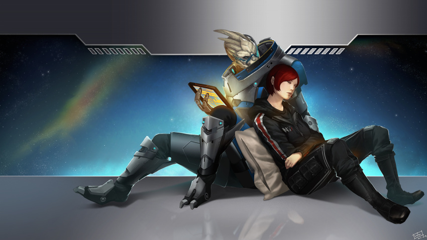 1boy 1girl casual closed_eyes commander_shepard_(female) couple eyeshadow garrus_vakarian highres holographic_touchscreen hoodie interspecies makeup mass_effect mass_effect_2 mass_effect_3 n7_armor power_suit redhead scouter short_hair sleeping sleeping_on_person sleeping_upright space turian wei