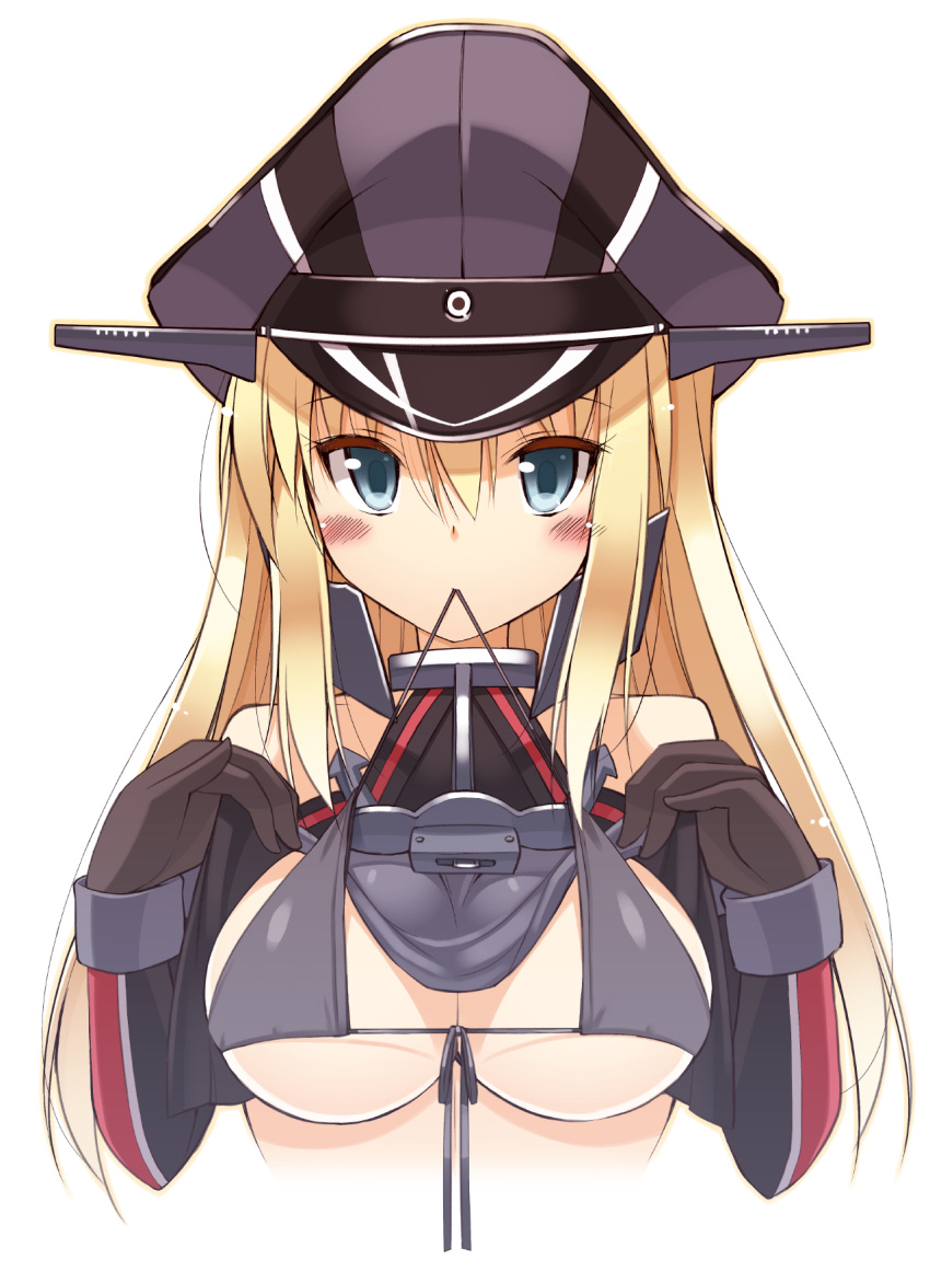 1girl bare_shoulders bikini_top bismarck_(kantai_collection) blonde_hair blue_eyes blush bust detached_sleeves front-tie_top gloves grey_bikini hat highres kantai_collection long_hair looking_at_viewer military_hat mouth_hold oota_yuuichi peaked_cap shirt_lift simple_background solo string_bikini white_background