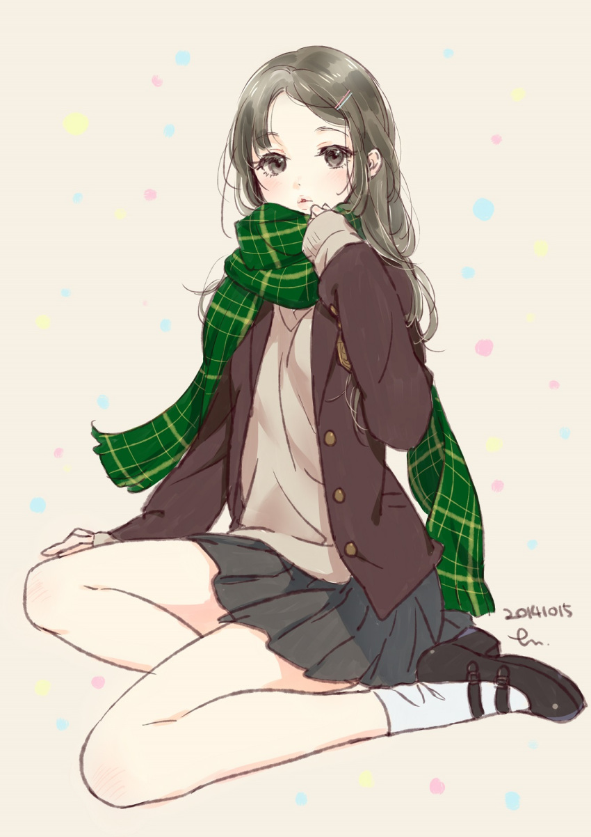 1girl blazer brown_hair highres long_hair morikura_en original scarf school_uniform solo