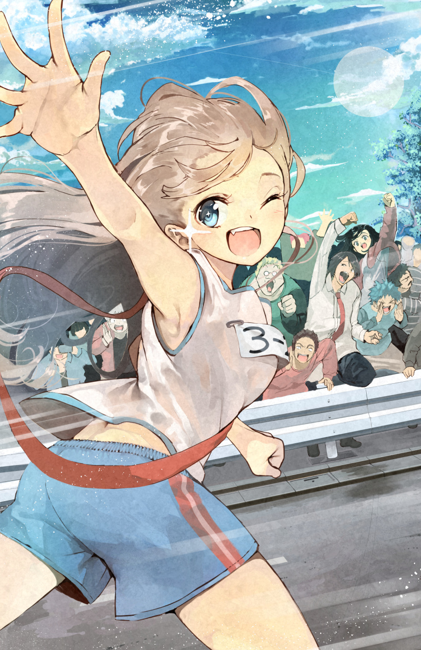 ;d armpits blue_eyes brown_hair cheering clouds crowd eyelashes fang goiro_(doukutsuwa) gym_uniform hands highres long_hair looking_at_viewer looking_back midriff one_eye_closed open_mouth original outdoors outstretched_arm road running shorts sky smile solo_focus sparkle tank_top track_and_field waving