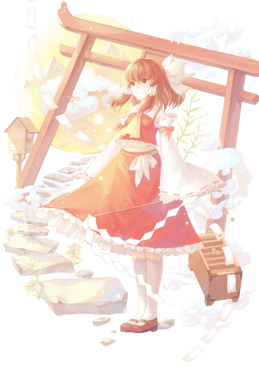 1girl :o absurdres ascot bow bowtie box brown_eyes brown_hair clouds detached_sleeves donation_box floating_object flower frilled_skirt frilled_sleeves frills full_body full_moon gohei hair_bow hair_tubes hakurei_reimu half_updo highres kneehighs lily_(flower) long_skirt moon nontraditional_miko ofuda plant red_skirt ribbon rock rope shokujin_hatefukuchuu short_hair skirt skirt_set solo standing torii touhou white_background white_legwear wide_sleeves
