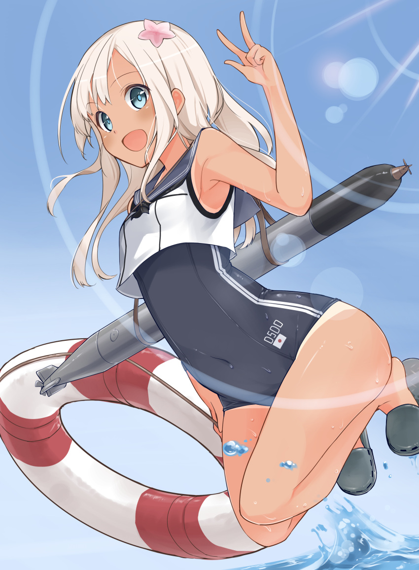 1girl :d absurdres armpits bare_legs bare_shoulders blonde_hair blue_eyes blue_sky blush covered_navel crop_top flower hair_flower hair_ornament highres kantai_collection lens_flare lifebuoy long_hair looking_at_viewer max_melon_teitoku neckerchief open_mouth ro-500_(kantai_collection) sailor_collar school_swimsuit sky slippers smile solo swimsuit swimsuit_under_clothes tan tanline torpedo w water