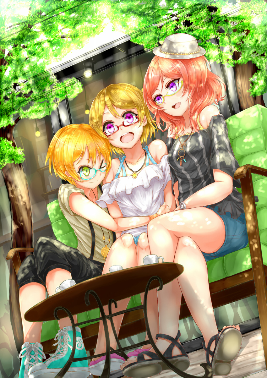 3girls azure_luna glasses green_eyes hat highres hoshizora_rin hug koizumi_hanayo love_live!_school_idol_project multiple_girls nishikino_maki open_mouth short_hair sitting smile violet_eyes wink