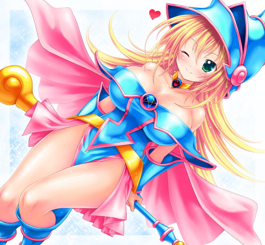 1girl arms_behind_back bare_shoulders blonde_hair blue_boots blue_dress blush boots breasts choker cleavage collarbone dark_magician_girl dress green_eyes hat heart highres kogarashi_(wind_of_winter) large_breasts long_hair no_panties one_eye_closed pentacle side_slit smile solo wizard_hat yuu-gi-ou