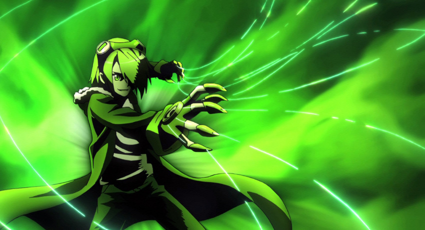 akame_ga_kill! gloves goggles goggles_on_head green_background green_eyes green_hair green_jacket highres jacket lubbock smirk wire