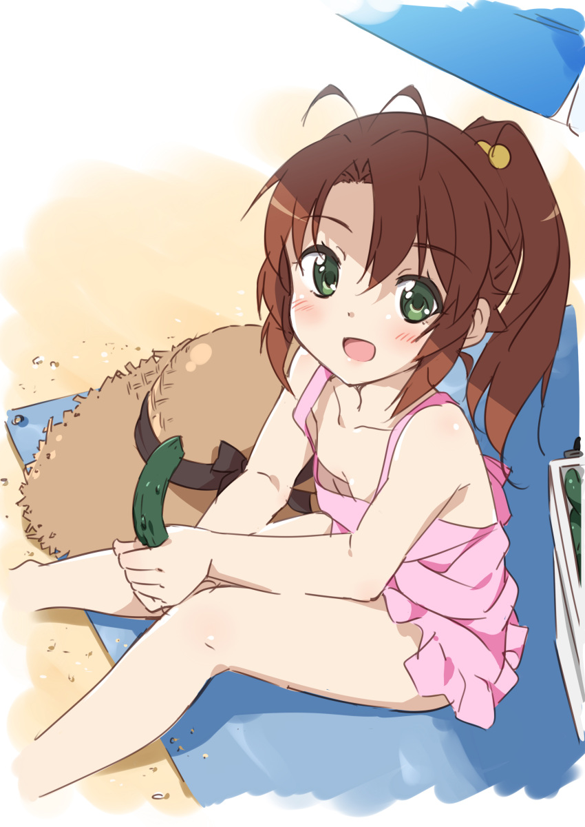 1girl :d absurdres alternate_hairstyle antenna_hair breasts brown_hair cleavage cucumber green_eyes hat highres holding koshigaya_komari long_hair looking_at_viewer mousou_(mousou_temporary) non_non_biyori one-piece_swimsuit open_mouth pink_swimsuit sitting sketch smile solo straw_hat swimsuit