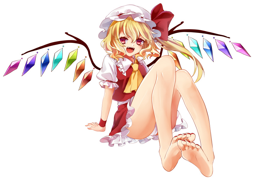 1girl :d absurdres asoct bare_legs barefoot blonde_hair flandre_scarlet highres legs looking_at_viewer mob_cap open_mouth panties pantyshot red_eyes side_ponytail sitting smile solo suzuka_sario touhou underwear wings