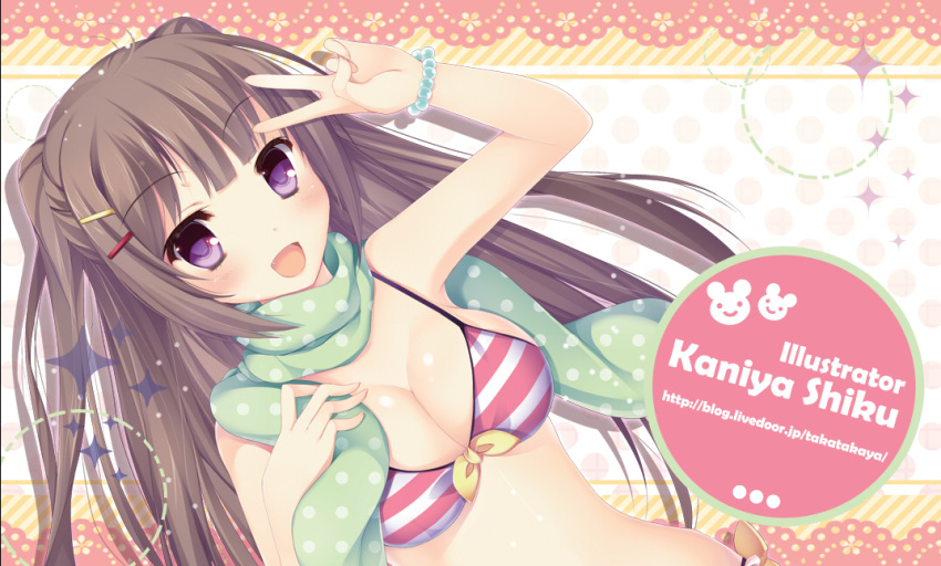 1girl :d bikini breasts brown_hair cleavage hair_ornament hairclip kaniya_shiku long_hair looking_at_viewer open_mouth original scarf smile solo striped striped_bikini striped_swimsuit swimsuit two_side_up v violet_eyes