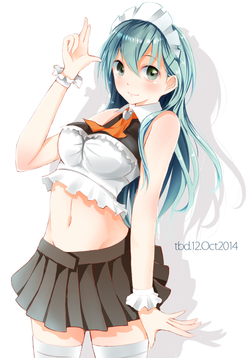 1girl adapted_costume aqua_hair artist_name commentary_request dated green_eyes highres kantai_collection long_hair midriff skirt smile solo suzuya_(kantai_collection) tbd11 thigh-highs wrist_cuffs