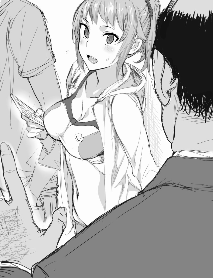 1boy 1girl blush breasts cleavage greyscale gundam gundam_build_fighters gundam_build_fighters_try highres hoshino_fumina jacket large_breasts looking_at_viewer midriff monochrome open_mouth ponytail short_hair sports_bra sweatdrop tetsuo_(tetuo1129)