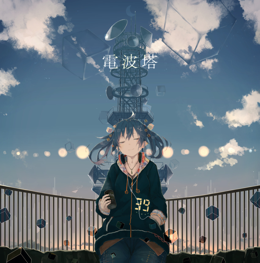 1girl blue_hair brown_eyes can clouds denim drink hand_in_pocket hatsune_miku highres jeans jewelry light_smile looking_at_viewer loudspeaker necklace pants railing short_hair short_twintails sky smile solo twintails vocaloid yushika