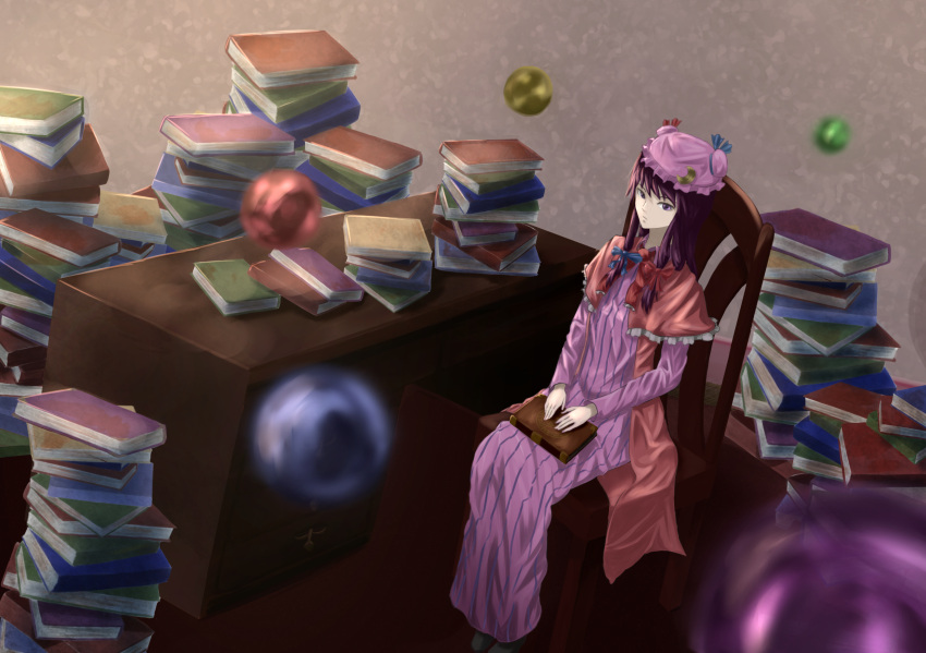 1girl book book_stack bow bowtie capelet chair crescent crescent_hair_ornament crescent_moon dress hair_bow hair_ornament hair_ribbon hat hat_bow highres indoors long_hair long_sleeves looking_at_viewer mob_cap moon patchouli_knowledge purple_dress purple_hair ribbon robe sitting solo striped striped_dress table touhou tress_ribbon violet_eyes