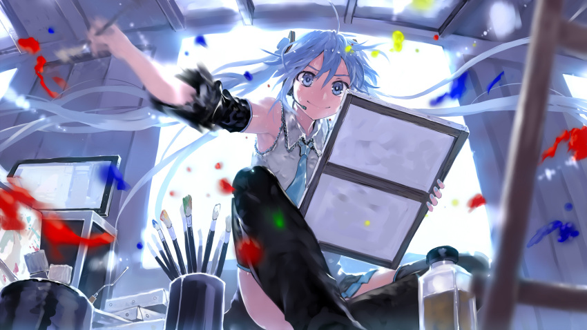 1girl ahoge blue_eyes blue_hair bob_(biyonbiyon) canvas_(object) detached_sleeves floating_hair hatsune_miku headset highres long_hair motion_blur nail_polish necktie outstretched_arm paintbrush painting sitting skirt smile solo sweat thigh-highs twintails very_long_hair vocaloid