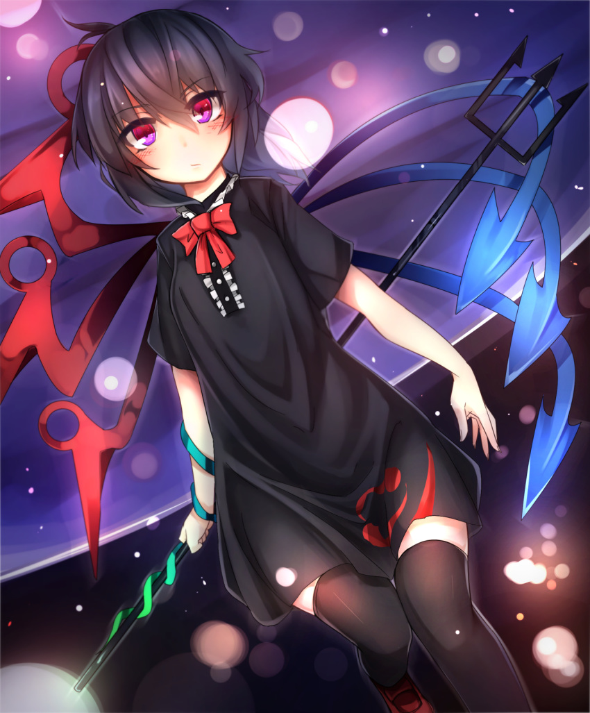 1girl asymmetrical_wings black_dress black_hair black_legwear cowboy_shot dress dutch_angle gradient_eyes highres houjuu_nue knees_together_feet_apart light_particles looking_at_viewer multicolored_eyes pink_eyes polearm red_eyes red_shoes revision shoes short_sleeves snake solo thigh-highs thigh_gap toku_0012 tomoe_(symbol) touhou trident weapon wings zettai_ryouiki