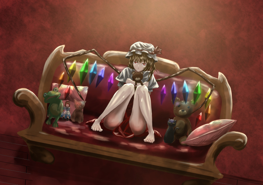 1girl :o ascot bare_legs barefoot blonde_hair couch doll_hug dress flandre_scarlet hat hat_ribbon highres knees_together_feet_apart looking_at_viewer mob_cap open_mouth pillow puffy_short_sleeves puffy_sleeves red_dress red_eyes ribbon shirt short_hair short_sleeves side_ponytail skirt skirt_set solo stuffed_animal stuffed_toy teddy_bear touhou vest wings