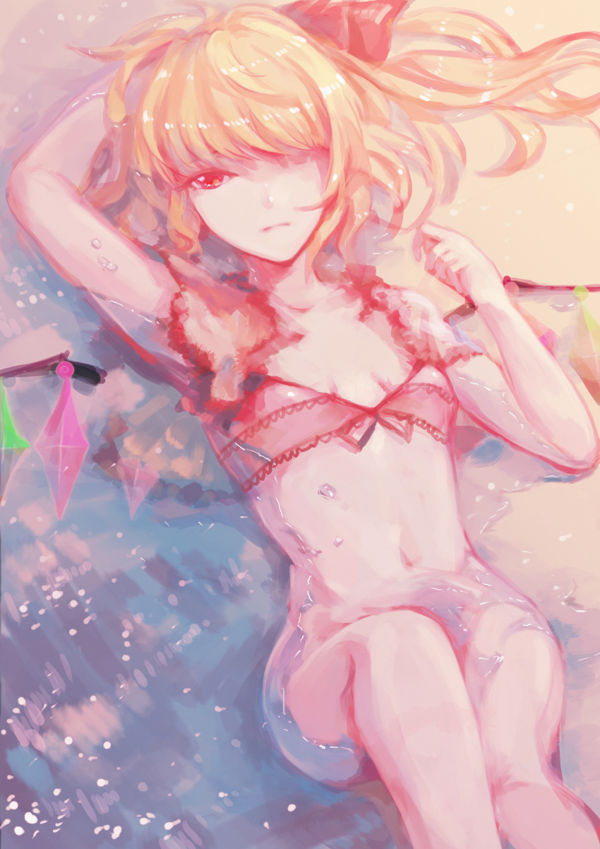 1girl absurdres bangs beach bikini bikini_top blonde_hair bottomless expressionless flandre_scarlet hair_over_one_eye hair_ribbon highres long_hair lying no_hat on_back red_bikini red_eyes ribbon shokujin_hatefukuchuu side_ponytail solo swimsuit touhou water wings