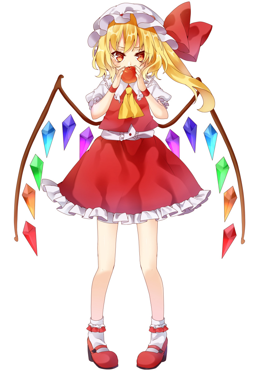 1girl absurdres apple asoct blonde_hair flandre_scarlet food fruit full_body highres holding looking_at_viewer mob_cap red_eyes side_ponytail solo standing suzuka_sario touhou wings