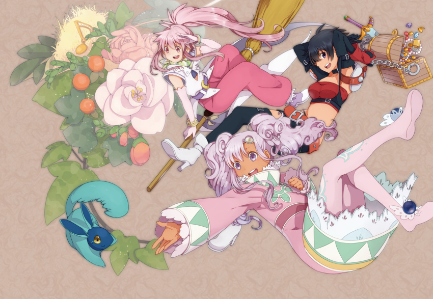 3girls arche_klein black_eyes black_hair broom broom_riding creature elbow_gloves flower forehead_jewel gloves highres juria0801 long_hair meredy multiple_girls outstretched_hand pants pantyhose pink_background pink_eyes pink_hair pink_legwear ponytail purple_hair quickie rutee_katrea short_hair skirt smile tales_of_(series) tales_of_destiny tales_of_eternia tales_of_phantasia tan treasure_chest twintails violet_eyes