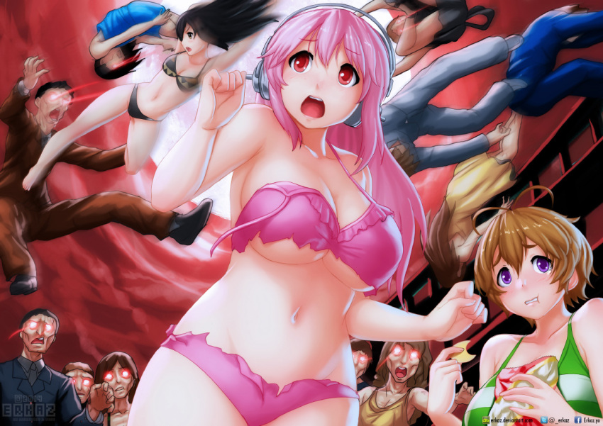 bikini black_hair blush breasts brown_hair chips cleavage eating erkaz fujimi_suzu green_eyes headphones large_breasts long_hair looking_at_viewer multiple_boys multiple_girls navel nitroplus open_mouth pink_hair red_eyes short_hair super_sonico swimsuit violet_eyes watanuki_fuuri zombie