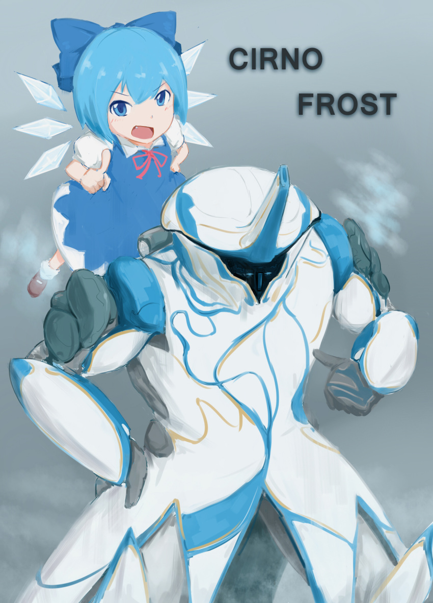 1boy 1girl bow character_name cirno crossover dress frost_(warframe) hair_bow highres horn ice ikas-zzx pointing pointing_at_self shoes socks warframe wings