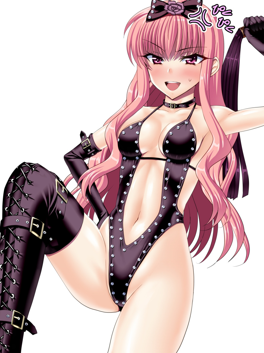 1girl alternate_costume anger_vein anzu_(onelelee) arm_up bare_shoulders black_gloves black_legwear blush boots bow cat_o'_nine_tails collar dominatrix gloves hair_bow hand_on_hip highres long_hair louise_francoise_le_blanc_de_la_valliere navel pink_eyes pink_hair small_breasts solo sweatdrop thigh-highs thigh_boots white_background zero_no_tsukaima