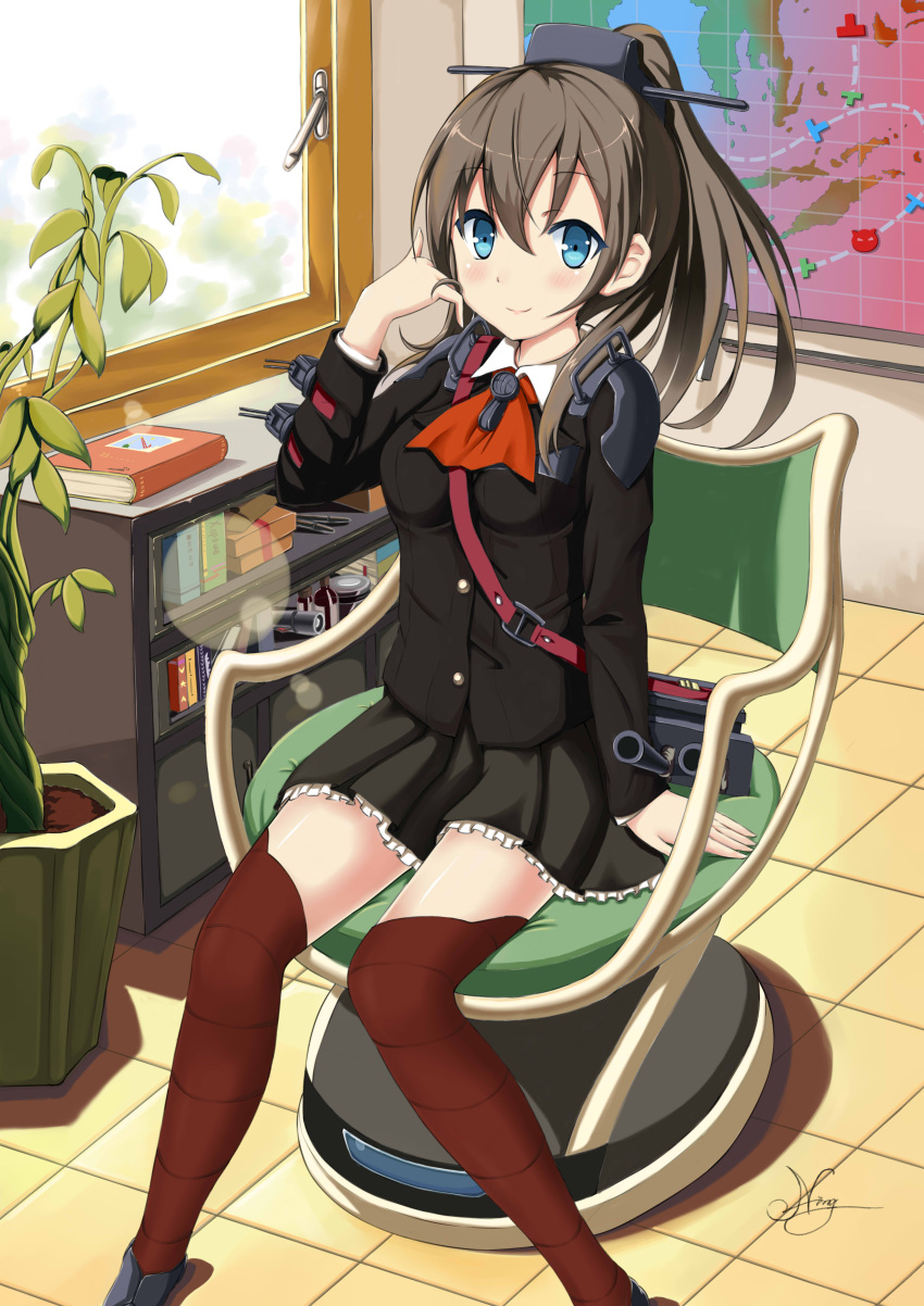 1girl absurdres ascot blue_eyes book bookshelf brown_hair brown_legwear brown_skirt chair dawn_(664387320) frilled_skirt frills hair_ornament hand_in_hair highres indoors kantai_collection kumano_(kantai_collection) lens_flare long_sleeves looking_at_viewer map plant ponytail potted_plant school_uniform signature simple_background sitting skirt solo strap_cleavage striped thigh-highs tile_floor tiles window