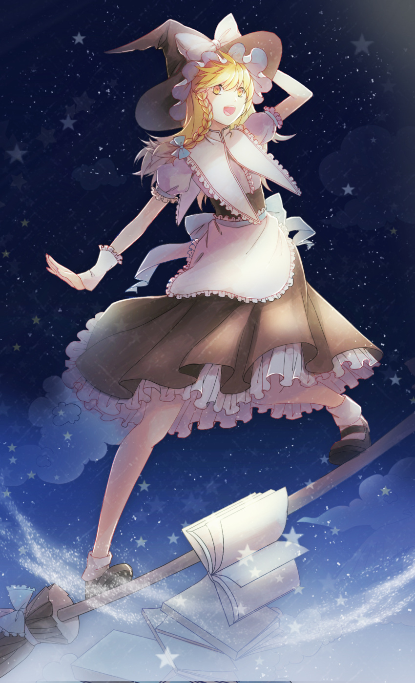 1girl :d apron arm_warmers blonde_hair book bow braid broom flying frills full_body hat hat_bow highres holding holding_hat kirisame_marisa long_hair mary_janes open_book open_mouth puffy_short_sleeves puffy_sleeves shoes shokujin_hatefukuchuu short_sleeves side_braid smile socks solo standing standing_on_broom star touhou waist_apron white_legwear witch_hat yellow_eyes