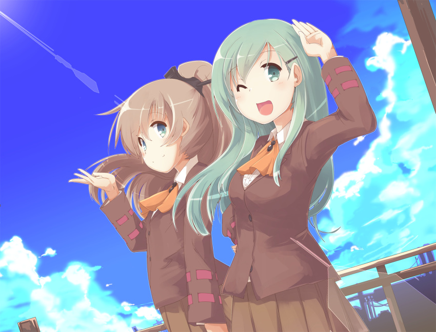 2girls :d blue_eyes blue_sky brown_hair brown_skirt condensation_trail green_eyes green_hair hair_ornament hairclip high_ponytail highres kantai_collection kumano_(kantai_collection) long_sleeves maszom multiple_girls one_eye_closed open_mouth pleated_skirt railing school_uniform skirt sky smile suzuya_(kantai_collection)