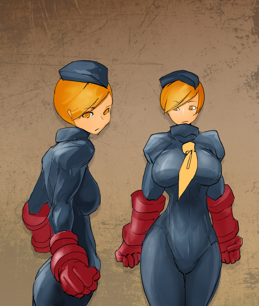 1girl bangs breasts garrison_cap hair_over_one_eye hat highres juni large_breasts leotard necktie orange_eyes orange_hair pantyhose remi_(wisper02) short_hair solo street_fighter street_fighter_zero swept_bangs