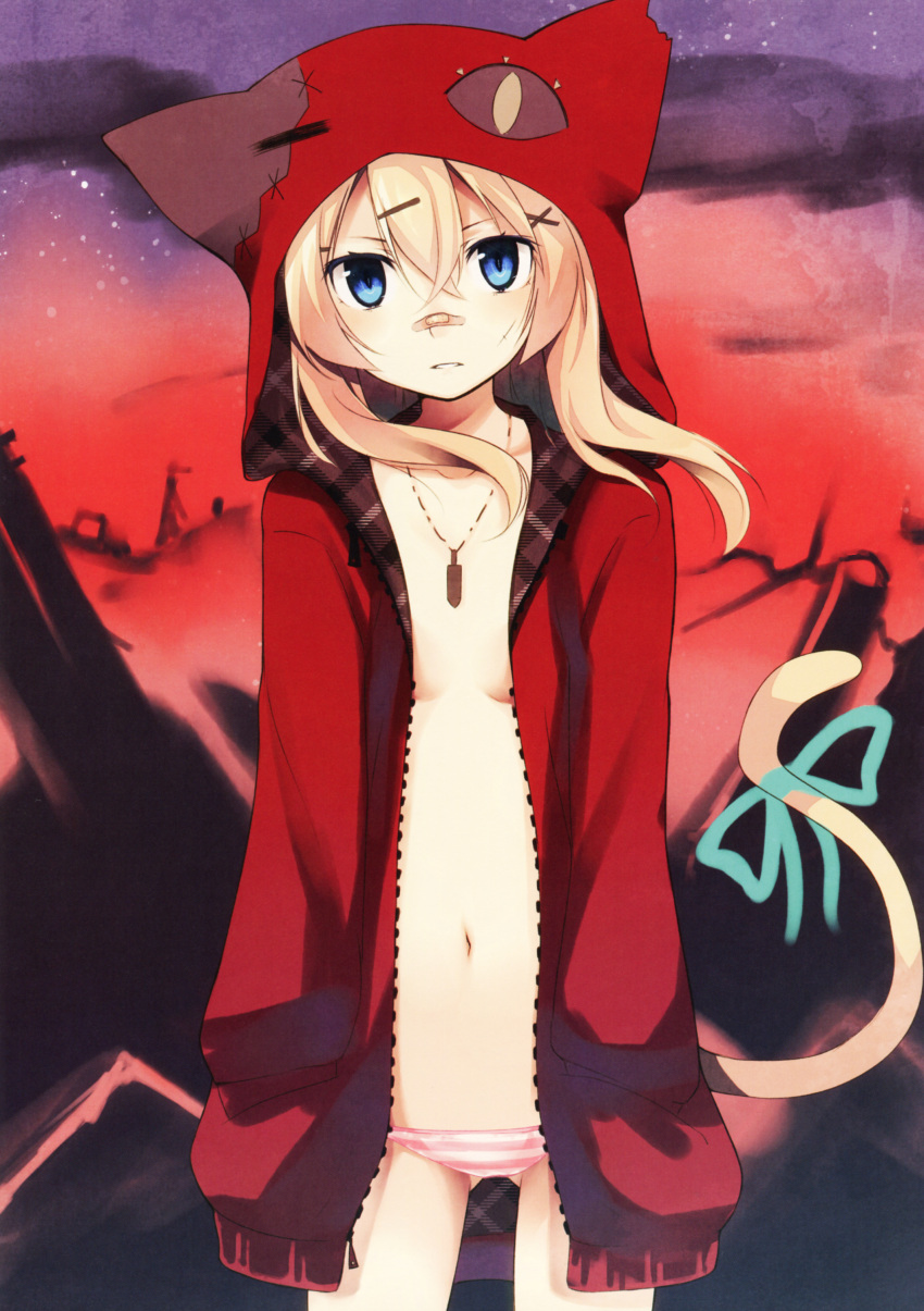 absurdres animal_hood artist_request bandaid blonde_hair blue_eyes bow cat_tail character_request collarbone copyright_request hair_ornament hairclip hands_in_pockets highres hood jewelry long_hair long_sleeves navel necklace no_bra open_clothes panties parted_lips pendant red_hood ribbon small_breasts striped striped_panties tail torn_clothes underwear unzipped
