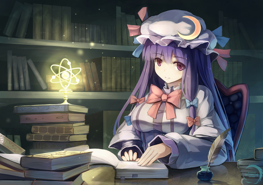 1girl book book_stack bookshelf bow breasts capelet chair crescent_hair_ornament desk dress feathers hair_ornament hair_ribbon inkwell lamp large_breasts light_smile long_hair long_sleeves mob_cap patchouli_knowledge purple_hair ribbon sitting solo striped striped_dress touhou tress_ribbon very_long_hair violet_eyes xiaoyin_li