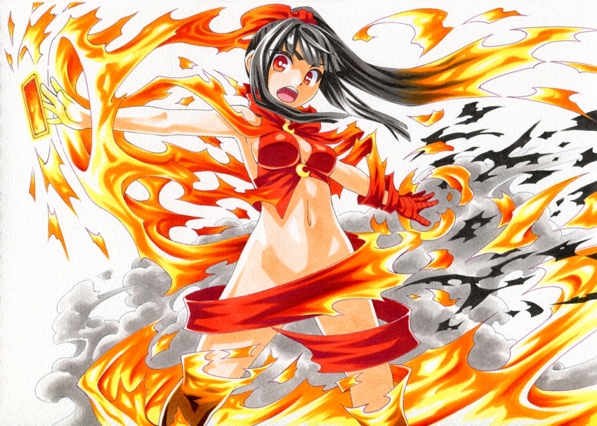 1girl black_hair breasts cleavage fire kawachi_koorogi kurebayashi_yuzuki long_hair looking_at_viewer navel open_mouth outstretched_arms ponytail red_eyes solo spread_arms wixoss