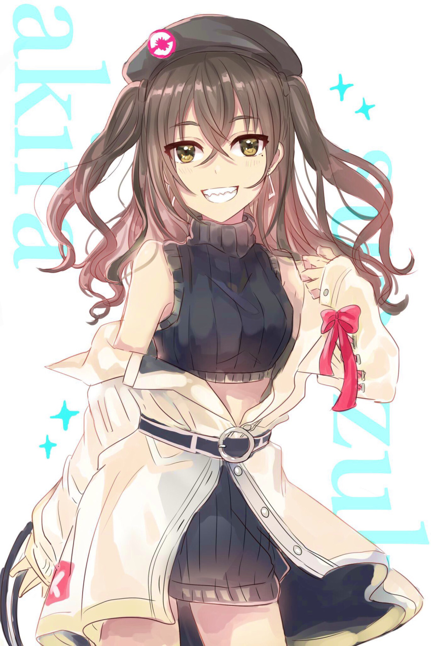 1girl :d bangs bare_shoulders belt beret black_hat black_sweater blush breasts brown_eyes brown_hair buttons character_name commentary_request cowboy_shot crop_top earrings grin hair_between_eyes hand_up hat head_tilt highres idolmaster idolmaster_cinderella_girls jacket jewelry legs_apart long_hair long_sleeves looking_at_viewer midriff mole mole_under_eye off_shoulder open_clothes open_jacket open_mouth red_ribbon ribbed_sweater ribbon sefira sharp_teeth sidelocks sketch sleeveless sleeveless_turtleneck sleeves_past_wrists smile solo standing sunazuka_akira sweater teeth turtleneck two_side_up wavy_hair white_background white_jacket