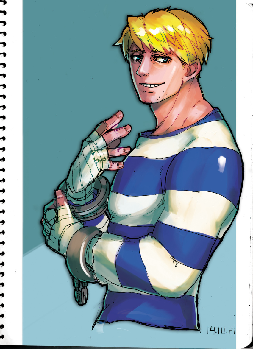 1boy blonde_hair blue_eyes cody_travers cuffs facial_hair grin handcuffs highres marker_(medium) prison_clothes ryuudou_takeshi scan smile solo street_fighter stubble traditional_media wrist_wraps