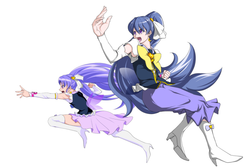 2girls arm_warmers boots bow brooch clenched_hand cure_fortune cure_tender dress fighting_stance hair_ornament hair_ribbon happinesscharge_precure! heart_hair_ornament hikawa_iona hikawa_maria jewelry knee_boots long_hair magical_girl multiple_girls ponytail precure purple_dress purple_hair ribbon running siblings sisters thigh-highs thigh_boots toki_no_minoru white_background white_legwear