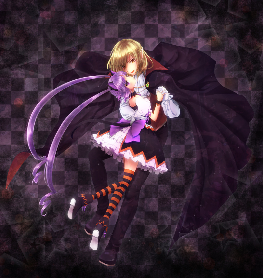 1boy 1girl alternate_costume blonde_hair cape checkered checkered_background dancing frills gloves halloween highres holding_hands long_hair miyato000 pants pointy_ears purple_hair richard_(tales) shoes skirt smile sophie_(tales) star striped striped_legwear tales_of_(series) tales_of_graces thigh-highs twintails violet_eyes yellow_eyes