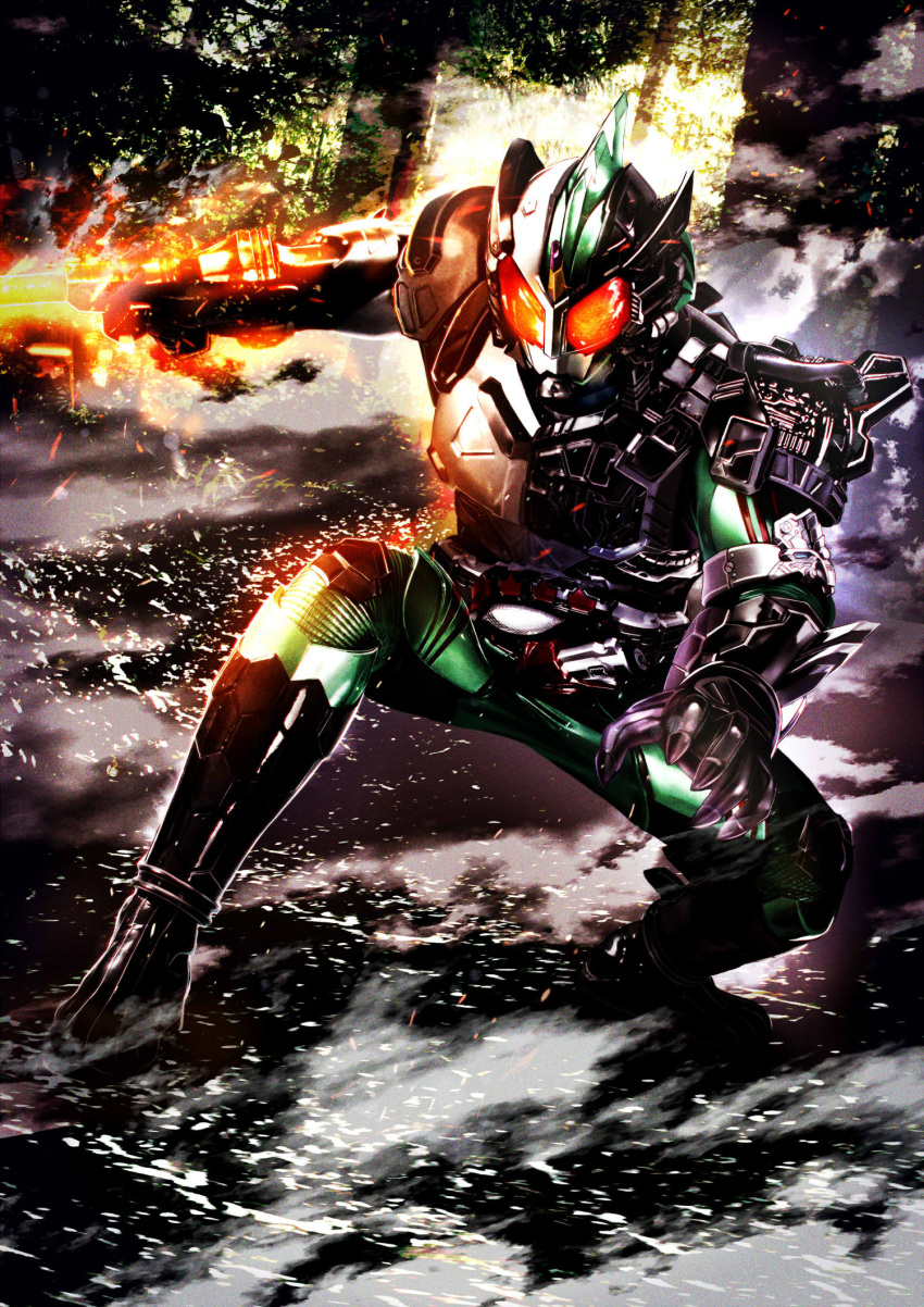 1boy amazons_register black_gloves bodysuit compound_eyes full_body gloves green_bodysuit highres holding holding_weapon kamen_rider kamen_rider_amazon_new_omega kamen_rider_amazons male_focus masukudo_(hamamoto_hikaru) multicolored_armor neo_amazons_driver open_hand outdoors red_eyes rider_belt smoke tree weapon