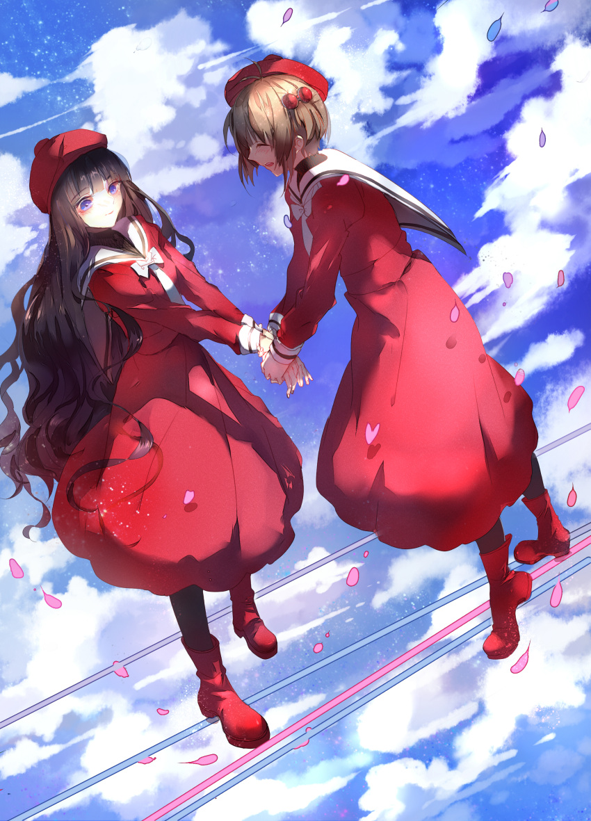 2girls absurdres bangs beret black_legwear blue_eyes blunt_bangs blush cardcaptor_sakura closed_eyes clouds daidouji_tomoyo dress full_body hair_ornament happy hat highres holding_hands kinomoto_sakura long_hair long_sleeves multiple_girls older outstretched_arms pantyhose petals profile red_boots red_dress red_shoes sailor_collar school_uniform shoes side sky smile standing very_long_hair wavy_hair ye_(ye999999)