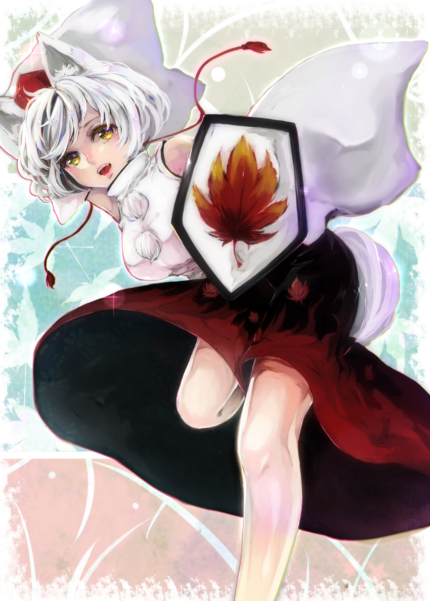 1girl abstract_background animal_ears breasts chromatic_aberration cowboy_shot detached_sleeves hat highres inubashiri_momiji leaf leaf_background leaning_forward looking_at_viewer maple_leaf minorinashi open_mouth pom_pom_(clothes) red_skirt shield shirt silver_hair skirt solo standing_on_one_leg tail tassel tokin_hat touhou turtleneck upskirt white_shirt wolf_ears wolf_tail yellow_eyes
