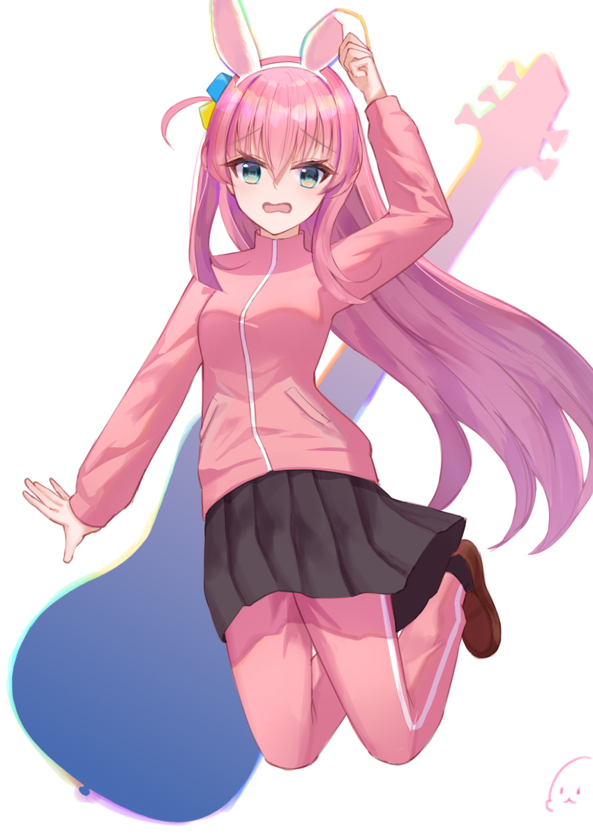 1girl absurdres animal_ear_hairband animal_ears aqua_eyes arm_up black_skirt bocchi_the_rock! commentary cube_hair_ornament fake_animal_ears full_body gora_mclaren gotoh_hitori guitar hair_between_eyes hair_ornament hairband highres instrument jacket jumping long_hair long_sleeves looking_at_viewer open_mouth pants pants_under_skirt pink_hair pink_jacket pink_pants pleated_skirt skirt solo track_suit very_long_hair wavy_mouth
