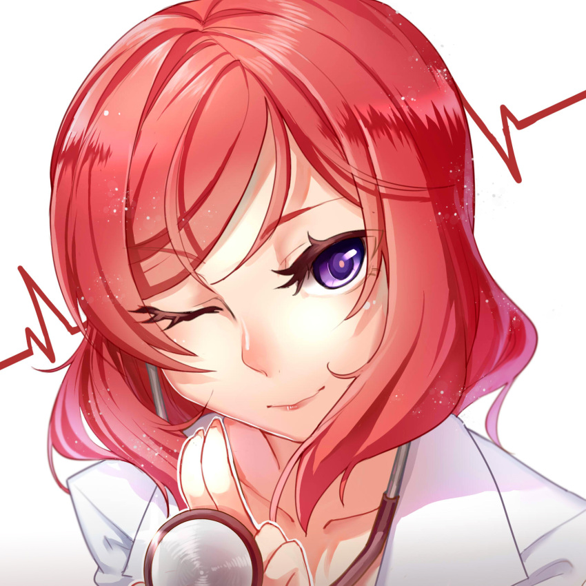 1girl aer_(tengqiu) collarbone doctor highres labcoat looking_at_viewer love_live!_school_idol_project nishikino_maki one_eye_closed portrait pov pov_eye_contact redhead short_hair smile solo stethoscope violet_eyes