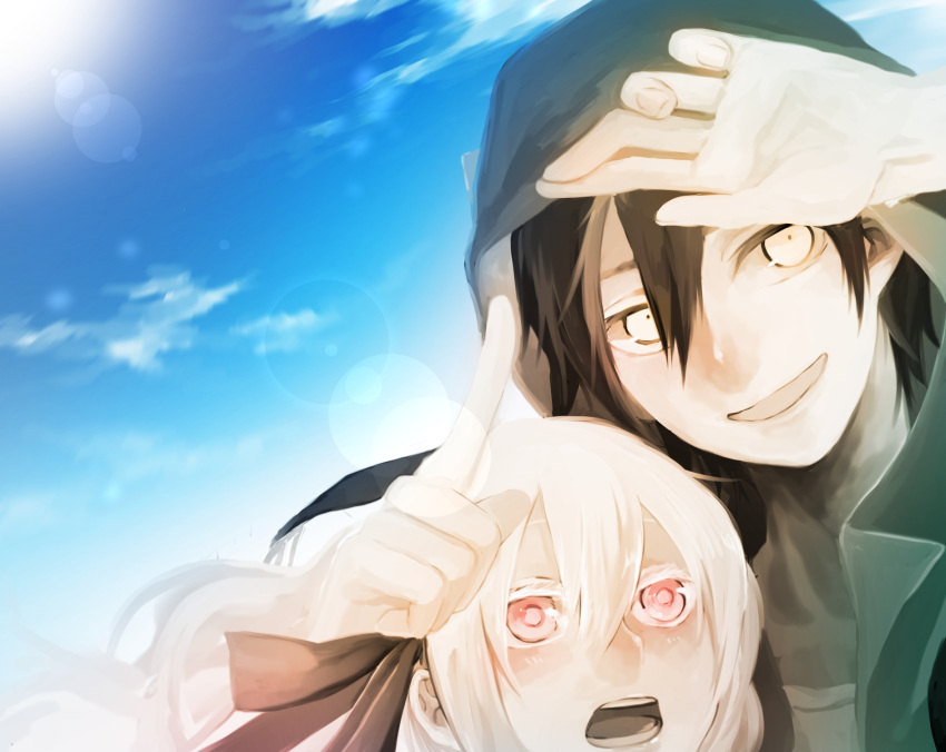1boy 1girl artist_request black_hair blue_sky hair_ribbon height_difference highres hoodie kagerou_project kozakura_mary lens_flare long_hair looking_at_viewer open_mouth pink_eyes ribbon seto_kousuke short_hair sky smile white_hair yellow_eyes