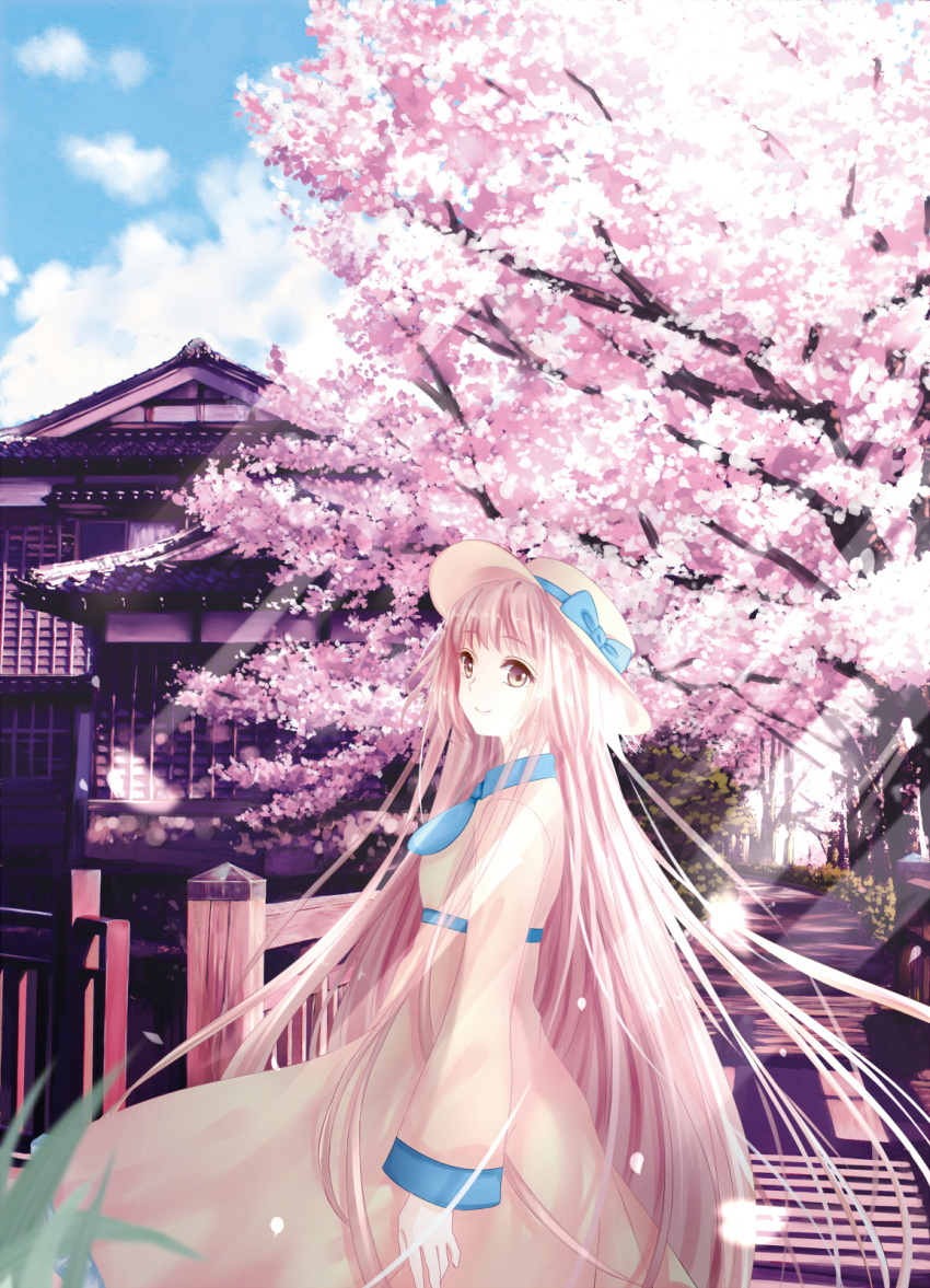 1girl architecture blurry brown_eyes brown_hair building cherry_blossoms depth_of_field dress east_asian_architecture hanato_kobato hat hat_ribbon highres kobato. long_hair long_sleeves merier outdoors petals pink_hair ribbon road sky solo sunlight tree very_long_hair yellow_dress yellow_eyes