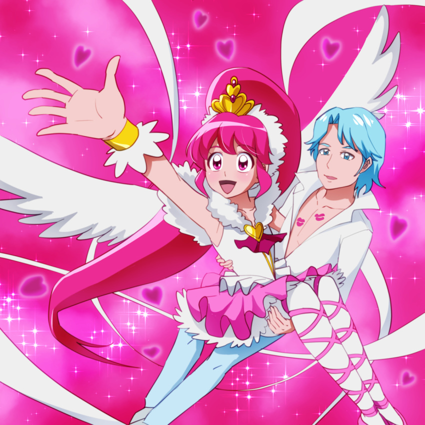 1boy 1girl :d aino_megumi arm_up blue_(happinesscharge_precure!) blue_eyes blue_hair brooch carrying cure_lovely happinesscharge_precure! highres jewelry kiss_mark long_hair magical_girl mont_blanc_(heartcatch_ayaya) open_mouth pants pantyhose pink_background pink_eyes pink_hair pink_skirt ponytail precure princess_carry shirt skirt smile super_happiness_lovely tiara white_legwear wrist_cuffs