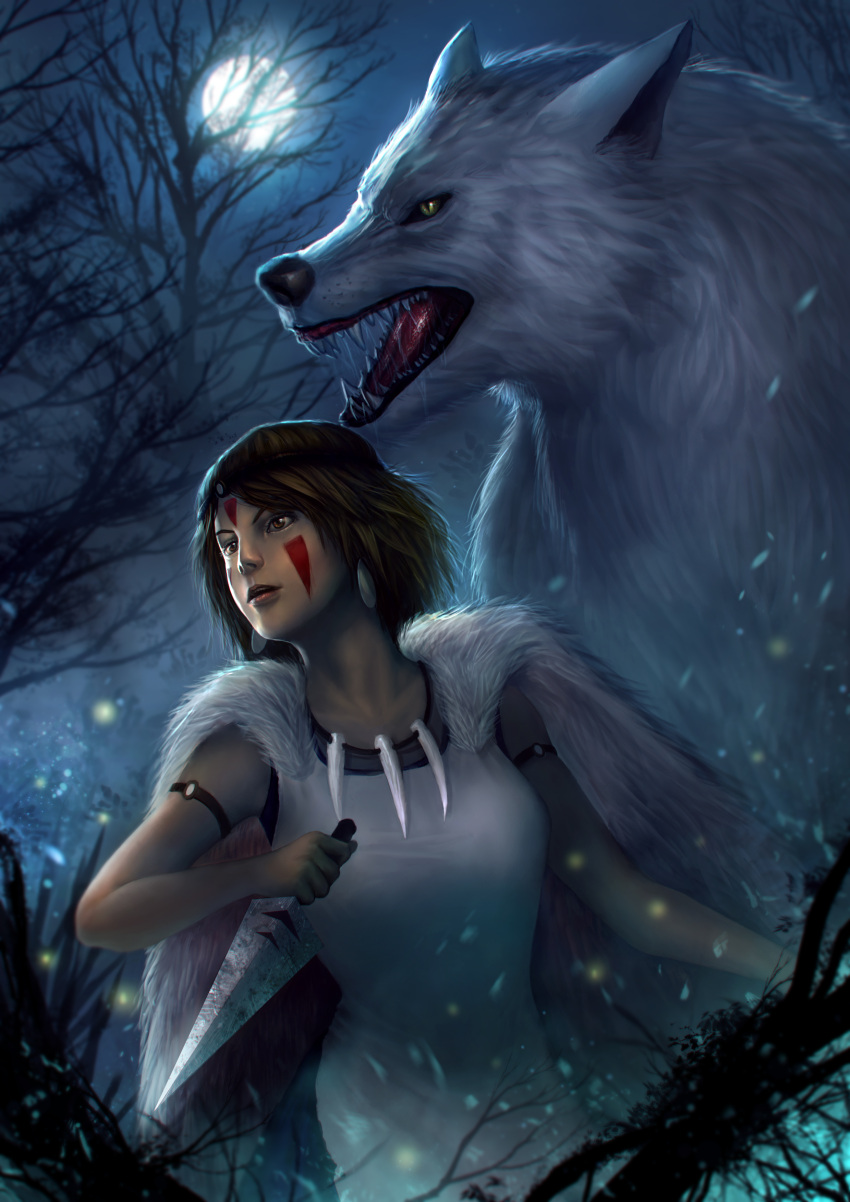 1girl absurdres animal armlet bared_teeth billy_christian black_hair breasts circlet dagger dress earrings facial_mark full_moon fur fur_cape highres jewelry lips mononoke_hime moon necklace night nose oversized_animal reverse_grip san short_hair tooth_necklace weapon white_dress wolf