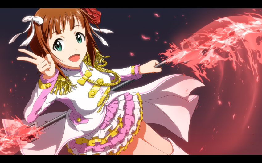 1girl :d amami_haruka bob_cut boots bowtie brown_hair coattails epaulettes flower frilled_skirt frills glaive glowing glowing_weapon green_eyes hair_flower hair_ornament hair_ribbon highres idolmaster idolmaster_movie knee_boots kouchou letterboxed looking_at_viewer magical_girl open_mouth ribbon rose short_hair skirt smile solo the_sleeping_beauty_(idolmaster) v weapon