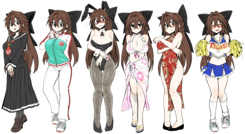 1girl absurdres animal_ears bikini blush bow bowtie breasts brown_eyes brown_hair bunny_girl bunnysuit chankodining_waka cheerleader china_dress chinese_clothes cleavage closed_eyes detached_collar embarrassed fishnet_pantyhose fishnets hair_bow highres long_hair navel open_mouth original pantyhose pom_poms rabbit_ears sarong school_uniform serafuku smile solo sweatdrop swimsuit track_jacket track_suit wrist_cuffs