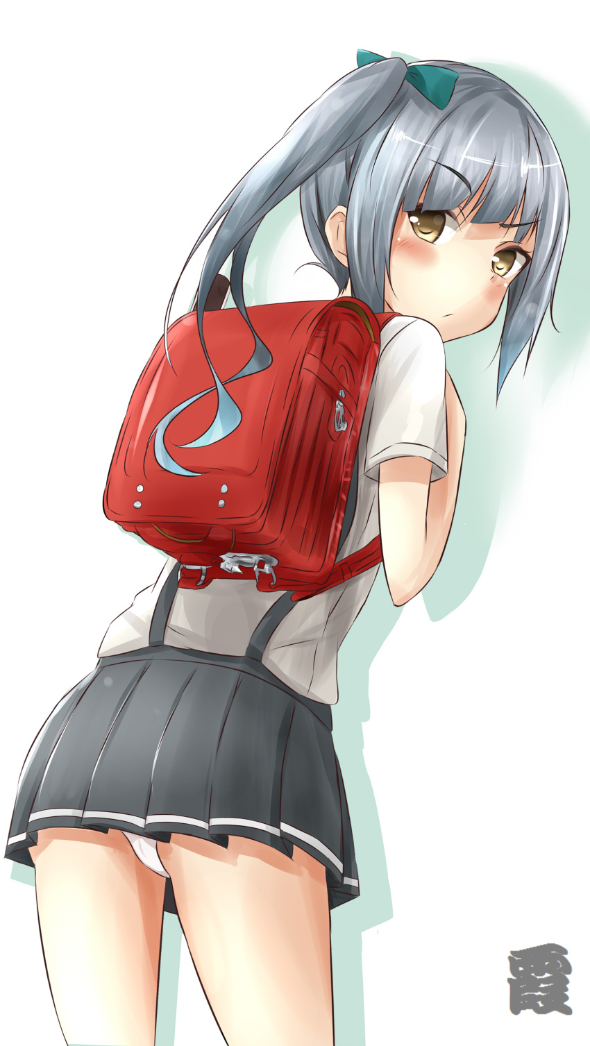 1girl absurdres backpack bag blush dress hair_ribbon highres kantai_collection kasumi_(kantai_collection) long_hair looking_at_viewer looking_back panties pantyshot pantyshot_(standing) randoseru ribbon saku_(kudrove) side_ponytail silver_hair skirt solo standing suspenders underwear white_background white_panties yellow_dress